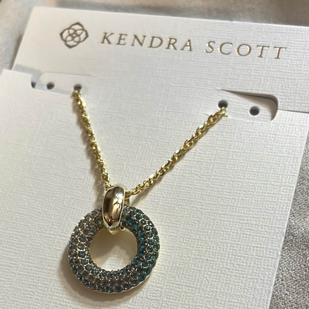 Kendra Scott Mikki Gold Pave Short Pendant Necklace in Green Blue Ombré‎ Mix
